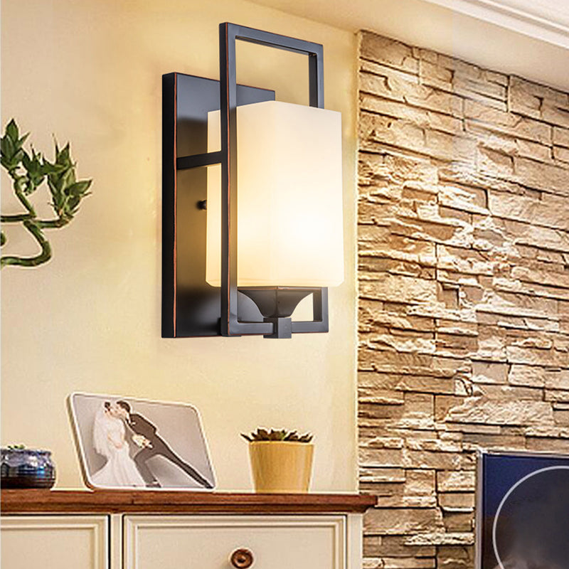 Retro Metal Wall Light Black 1 Light Wall Sconce with White Glass for Living Room