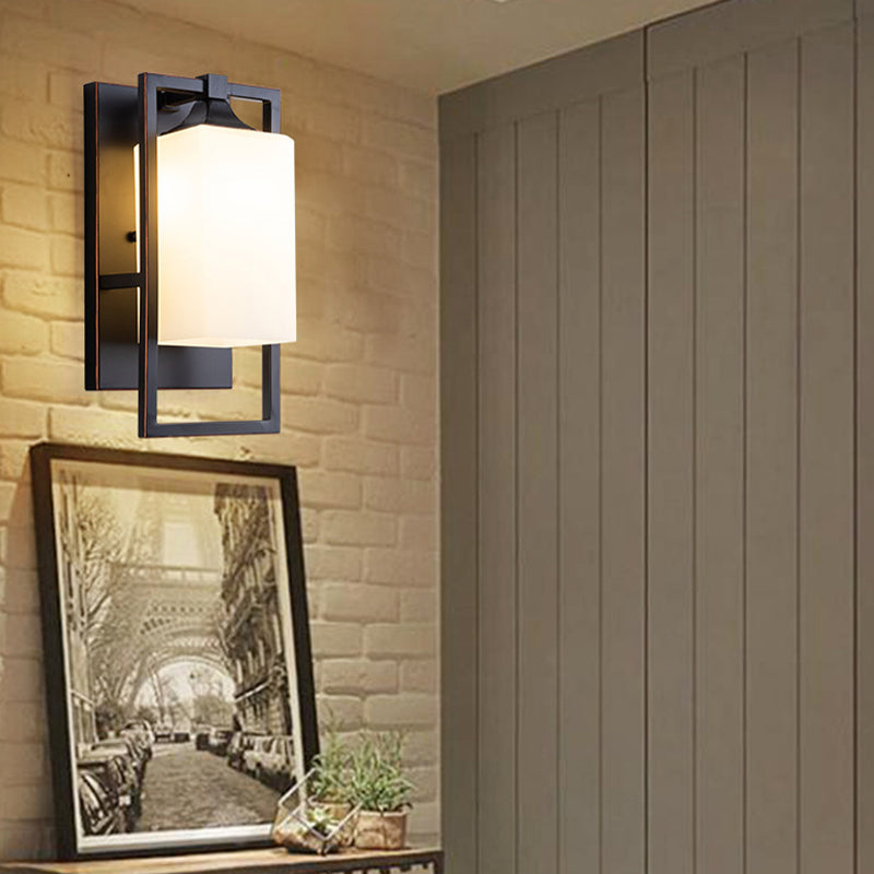 Retro Metal Wall Light Black 1 Light Wall Sconce with White Glass for Living Room