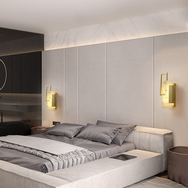 Modern Brass Wall Light Gold Geometric Wall Sconce with Mica for Bedroom