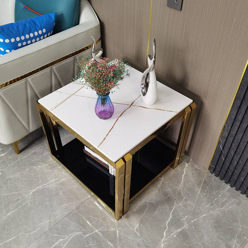 Square Stainless Steel Side Table Black/White One-Shelf End Table