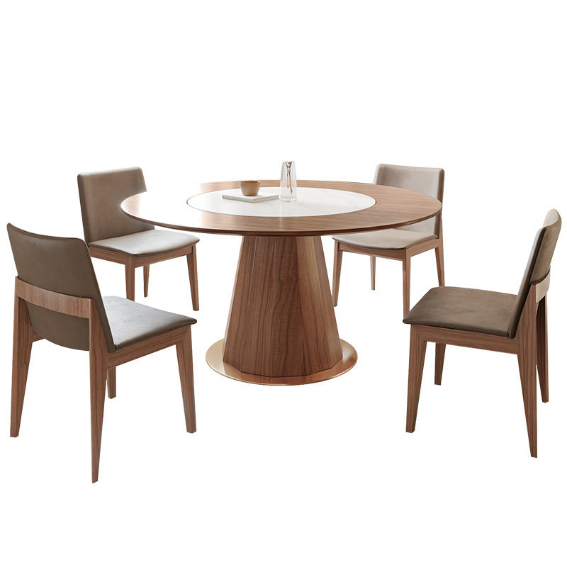 Round Solid Wood Dining Table Modern Brown Turntable Furniture with Pedestal Base