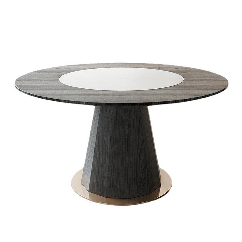 Round Solid Wood Dining Table Modern Brown Turntable Furniture with Pedestal Base