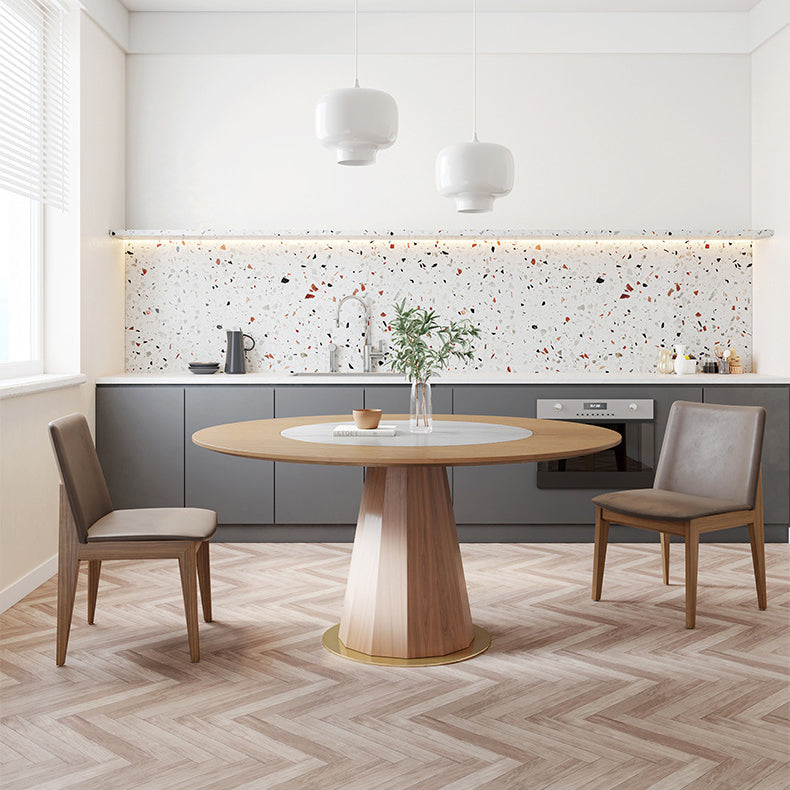 Round Solid Wood Dining Table Modern Brown Turntable Furniture with Pedestal Base