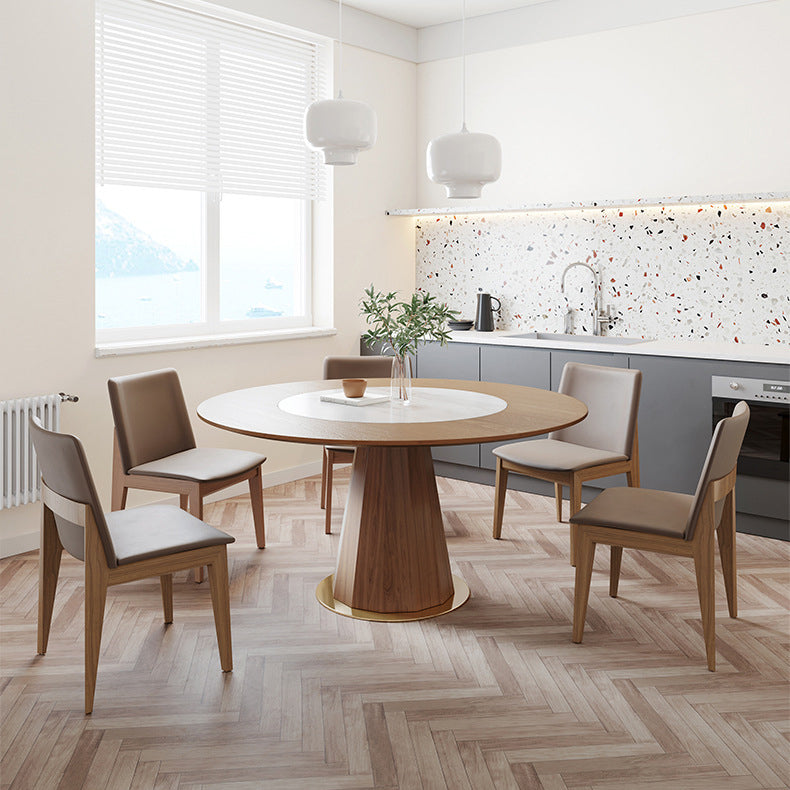 Round Solid Wood Dining Table Modern Brown Turntable Furniture with Pedestal Base