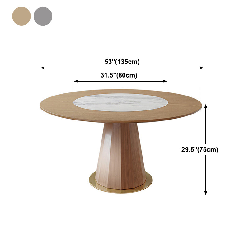 Round Solid Wood Dining Table Modern Brown Turntable Furniture with Pedestal Base