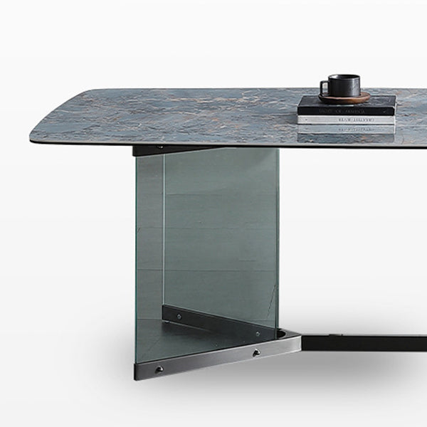 Rectangular Blue Stone Dining Table Modern Tempered Glass Furniture with Trestle Table