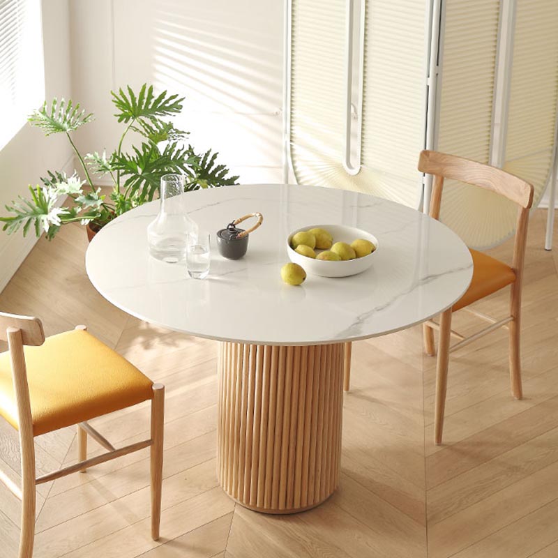 Round Stone Dining Table Solid Wood Pedestal Table in Natural and Black