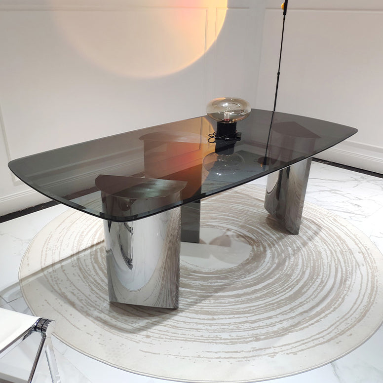 Glass Top Dining Table Rectangle Dining Table with Stainless Steel Base