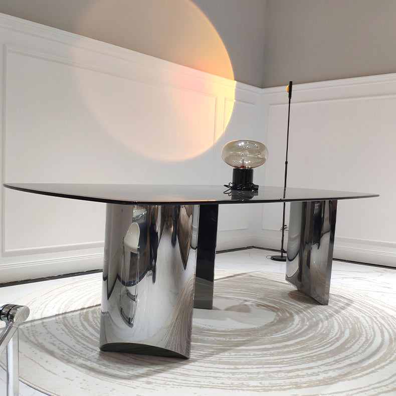 Glass Top Dining Table Rectangle Dining Table with Stainless Steel Base