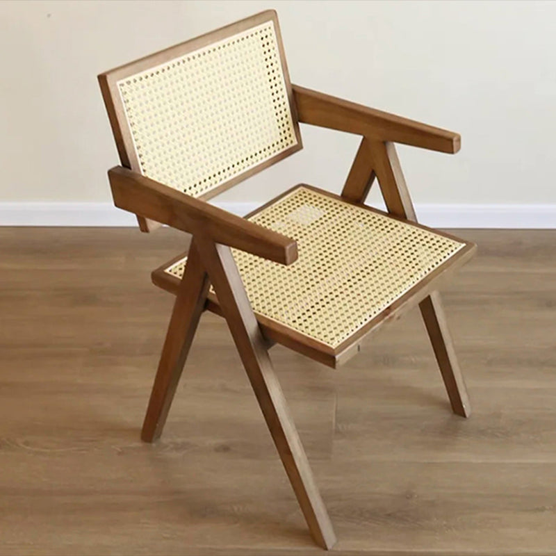 Traditional Style Dining Chair Solid Wood Cane Back Arm Chair for Home