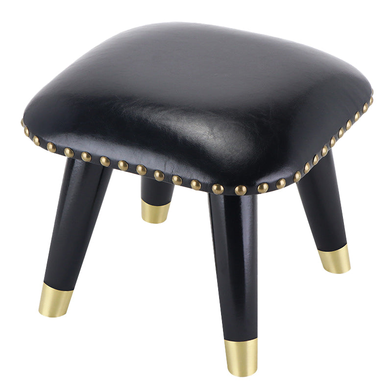 Glam Footstool Ottoman Genuine Leather Upholstered Nailhead Trim Square Ottoman