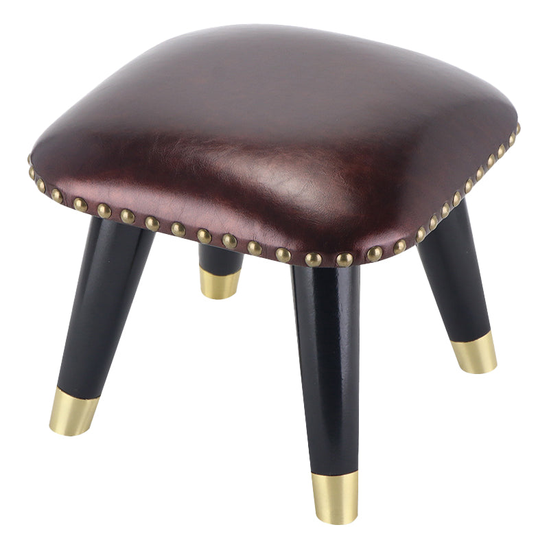 Glam Footstool Ottoman Genuine Leather Upholstered Nailhead Trim Square Ottoman