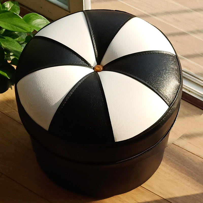 Mid-Century Modern Pouf Ottoman PU Leather Upholstered Tufted Patchwork Round Ottoman