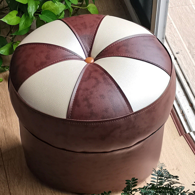 Mid-Century Modern Pouf Ottoman PU Leather Upholstered Tufted Patchwork Round Ottoman