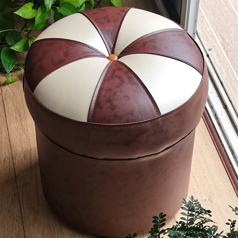Mid-Century Modern Pouf Ottoman PU Leather Upholstered Tufted Patchwork Round Ottoman