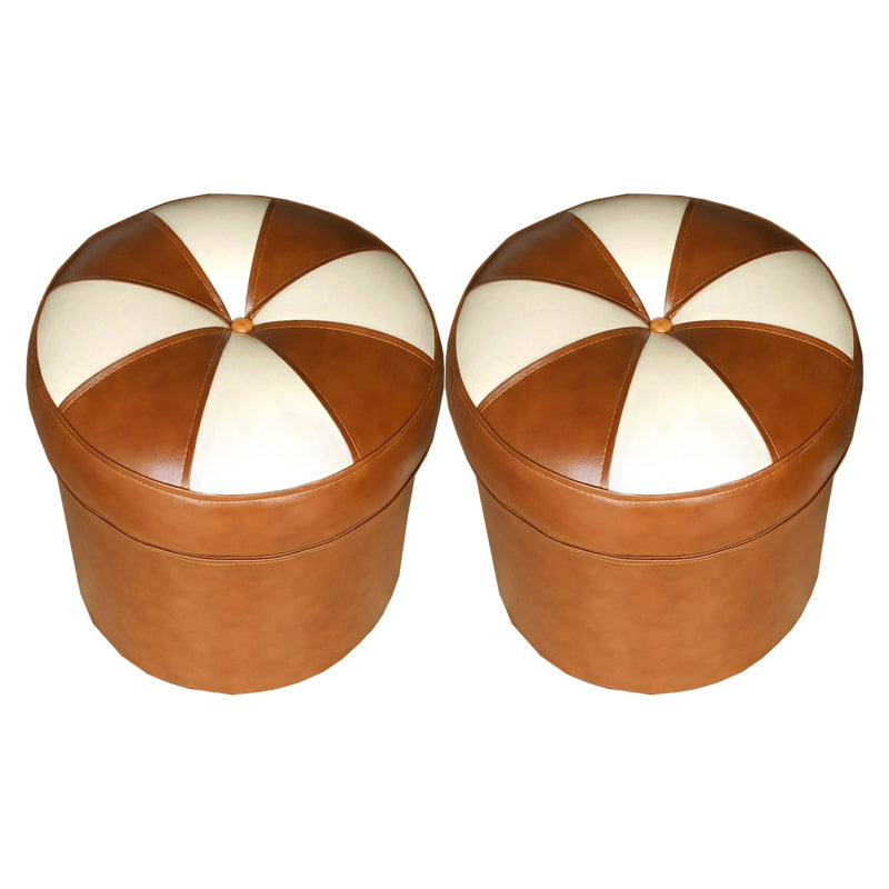 Mid-Century Modern Pouf Ottoman PU Leather Upholstered Tufted Patchwork Round Ottoman
