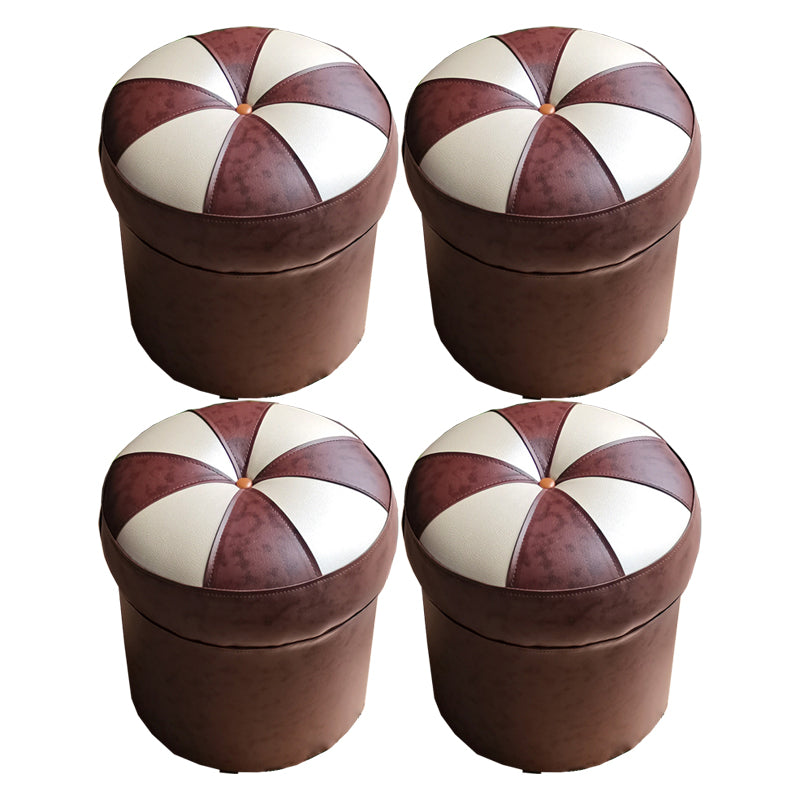 Mid-Century Modern Pouf Ottoman PU Leather Upholstered Tufted Patchwork Round Ottoman