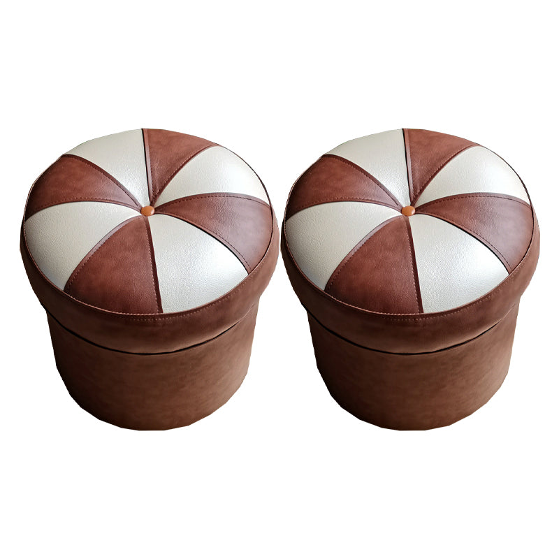 Mid-Century Modern Pouf Ottoman PU Leather Upholstered Tufted Patchwork Round Ottoman