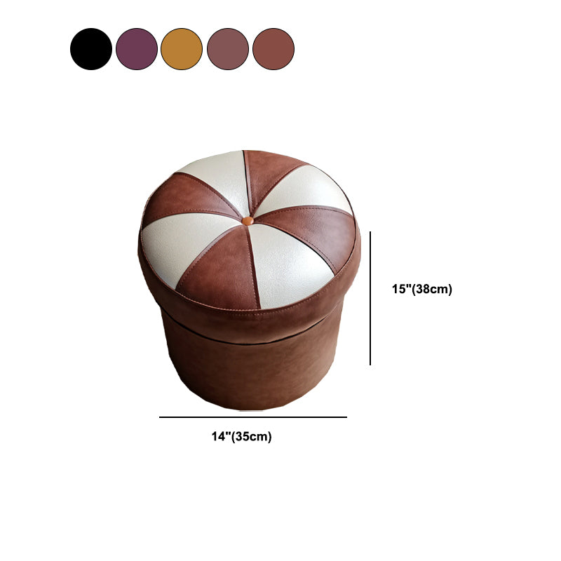 Mid-Century Modern Pouf Ottoman PU Leather Upholstered Tufted Patchwork Round Ottoman