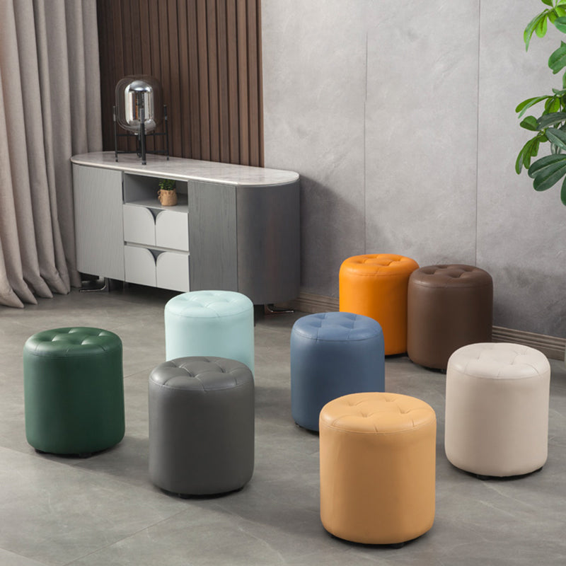 Modern Round Ottoman Solid Color Genuine Leather Tufted Pouf Ottoman