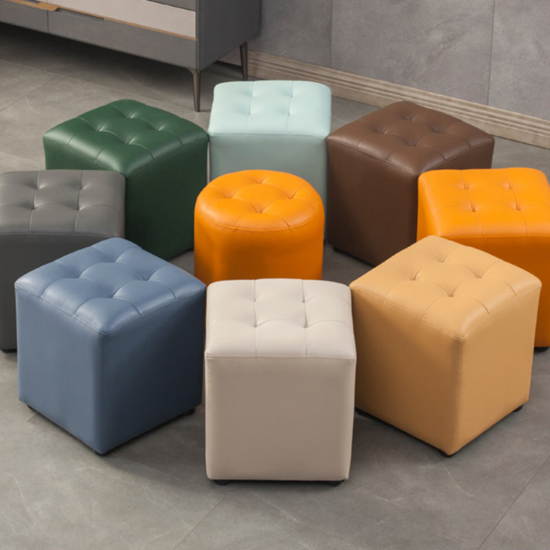 Modern Round Ottoman Solid Color Genuine Leather Tufted Pouf Ottoman