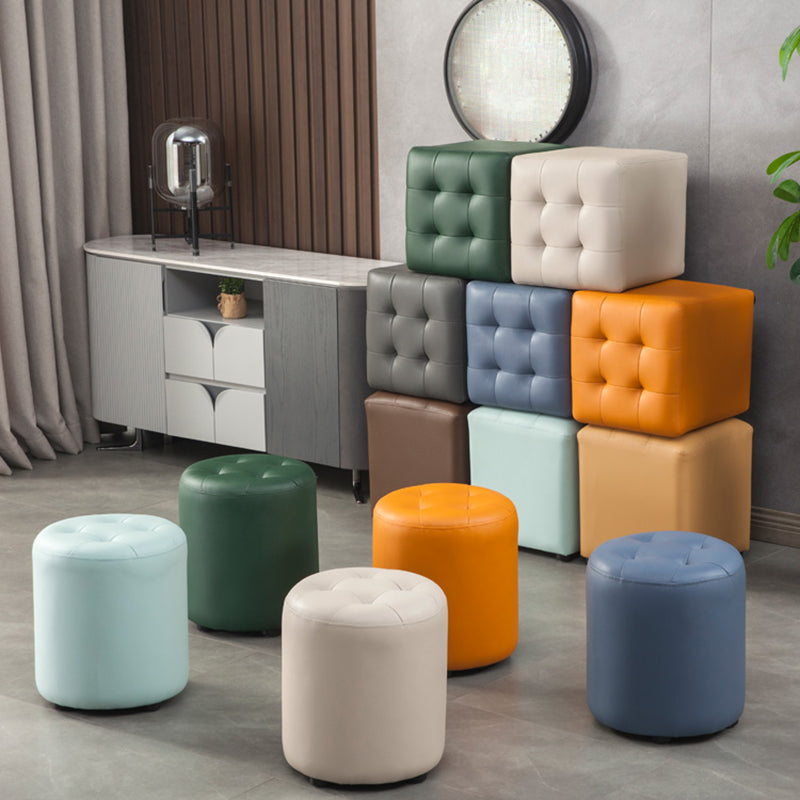 Modern Round Ottoman Solid Color Genuine Leather Tufted Pouf Ottoman