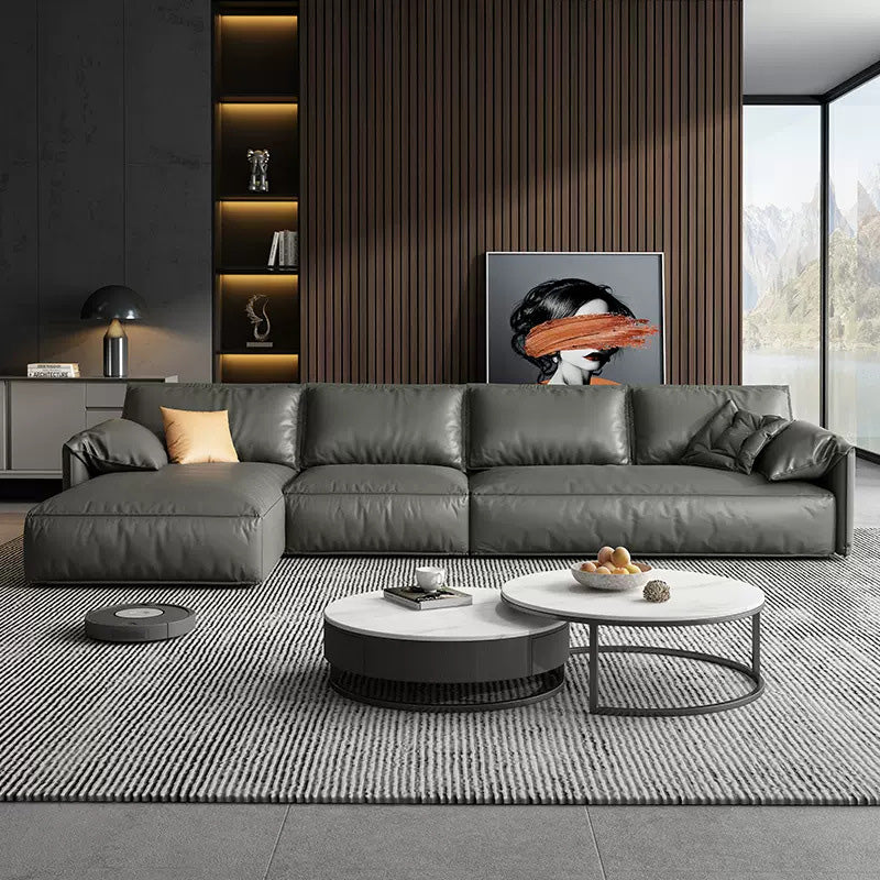 Genuine Leather Sectionals 70" Wood Stationary Sectionals in Black