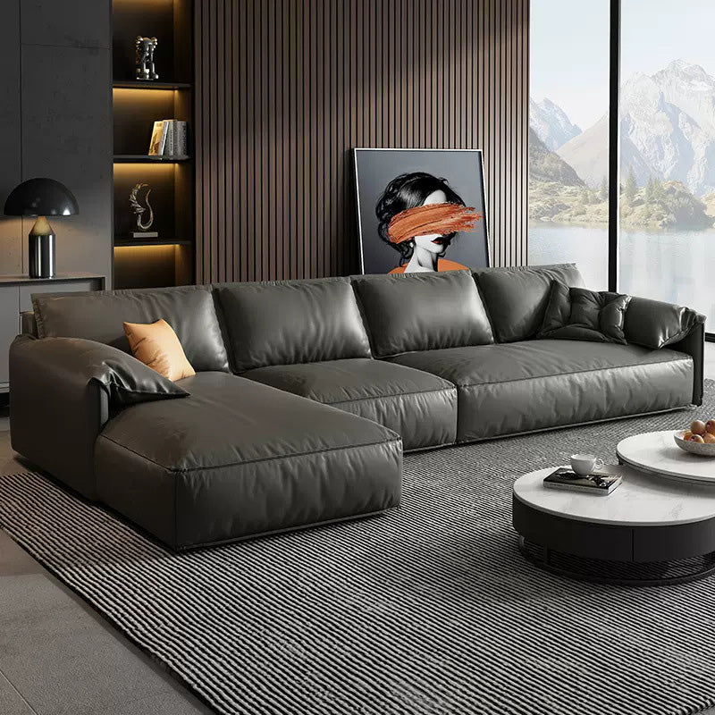 Genuine Leather Sectionals 70" Wood Stationary Sectionals in Black