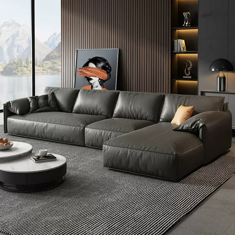 Genuine Leather Sectionals 70" Wood Stationary Sectionals in Black