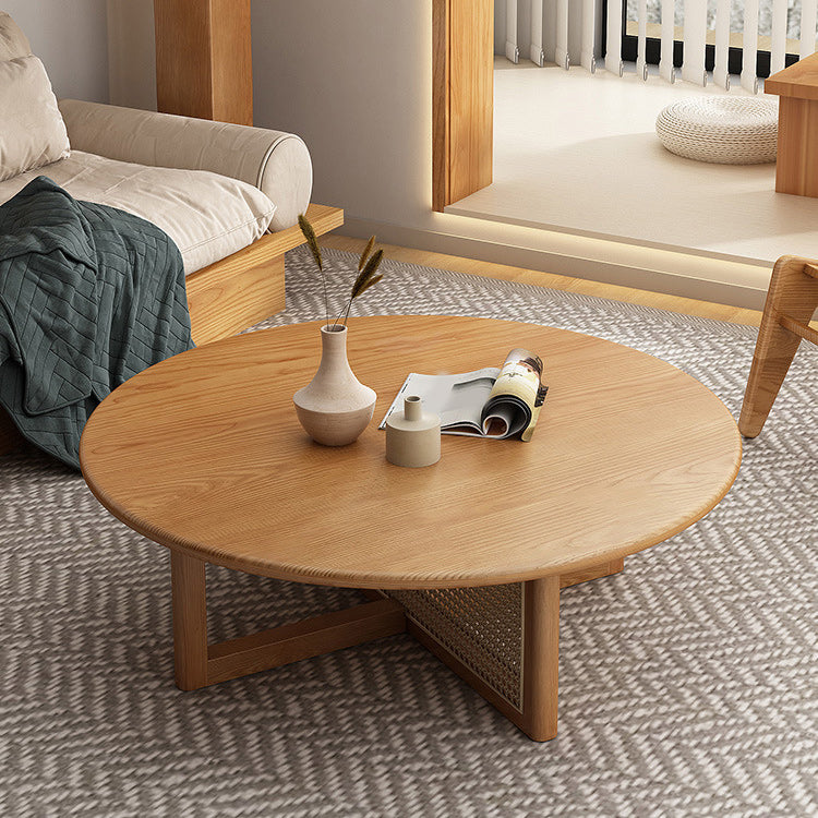 Scandinavian Light Wood Round Coffee Table with Cross Base in Pine Wood