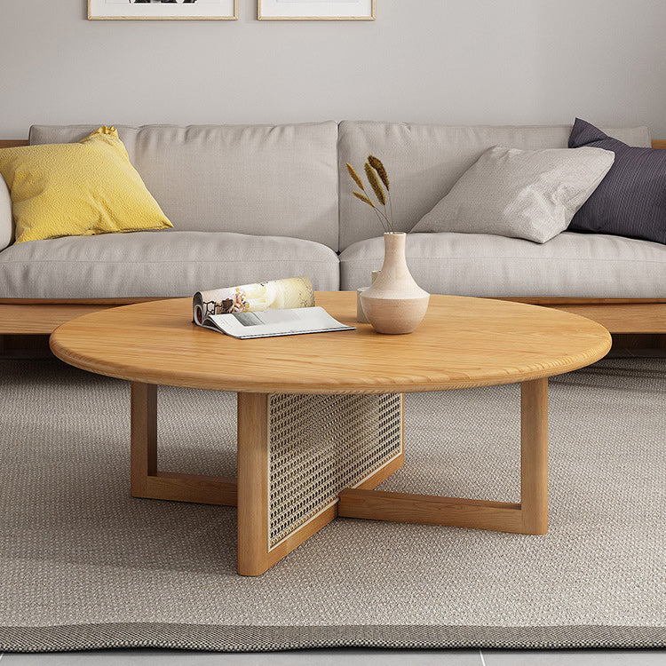 Scandinavian Light Wood Round Coffee Table with Cross Base in Pine Wood