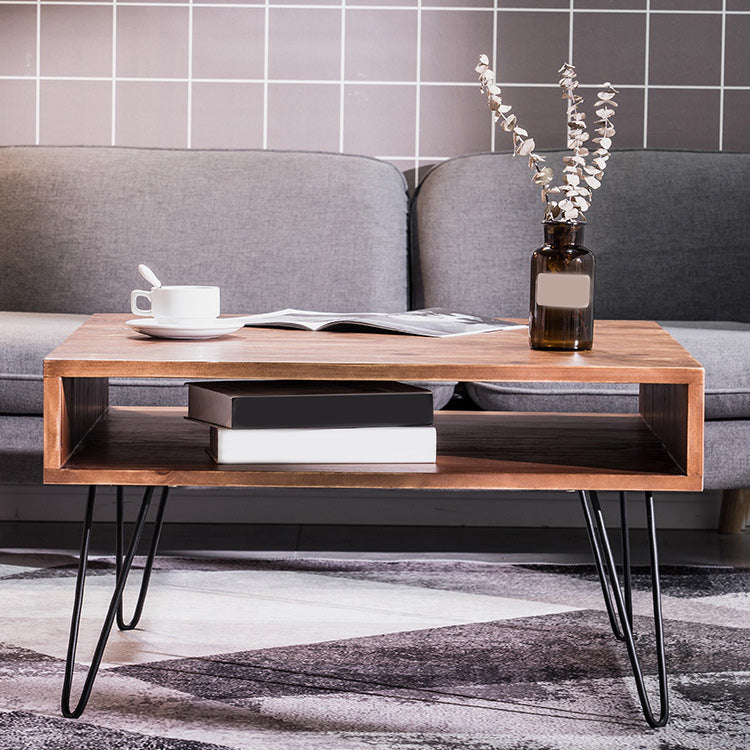 Contemporary Coffee Table with with Brown Top and Black Iron Legs