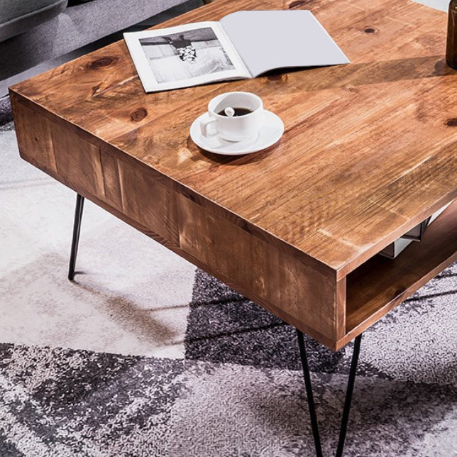 Contemporary Coffee Table with with Brown Top and Black Iron Legs