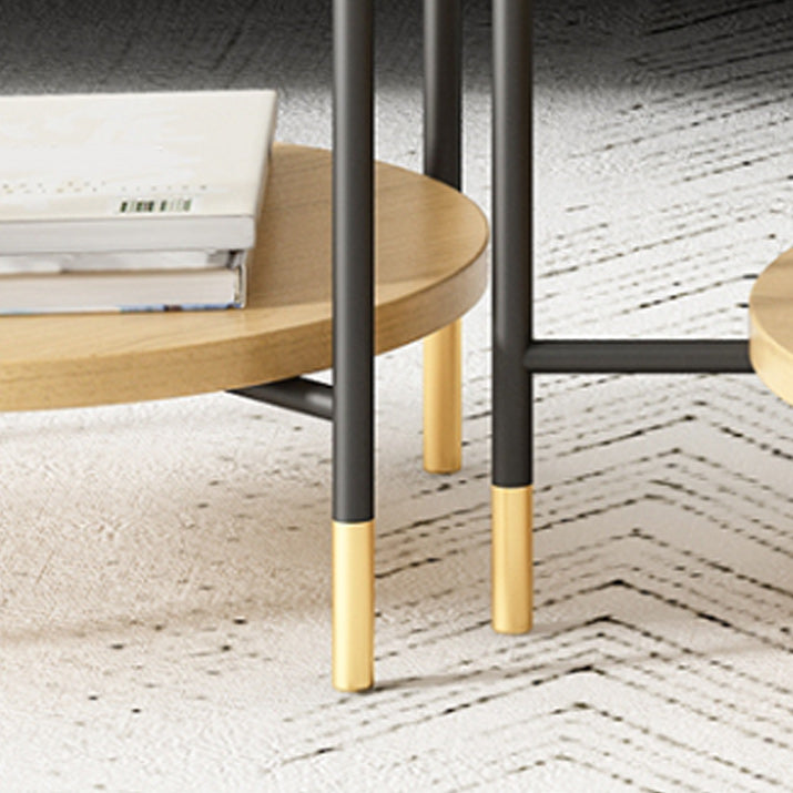 Modern 2 Piece Bunching Tables with Wooden Shelf and 4 Iron Legs