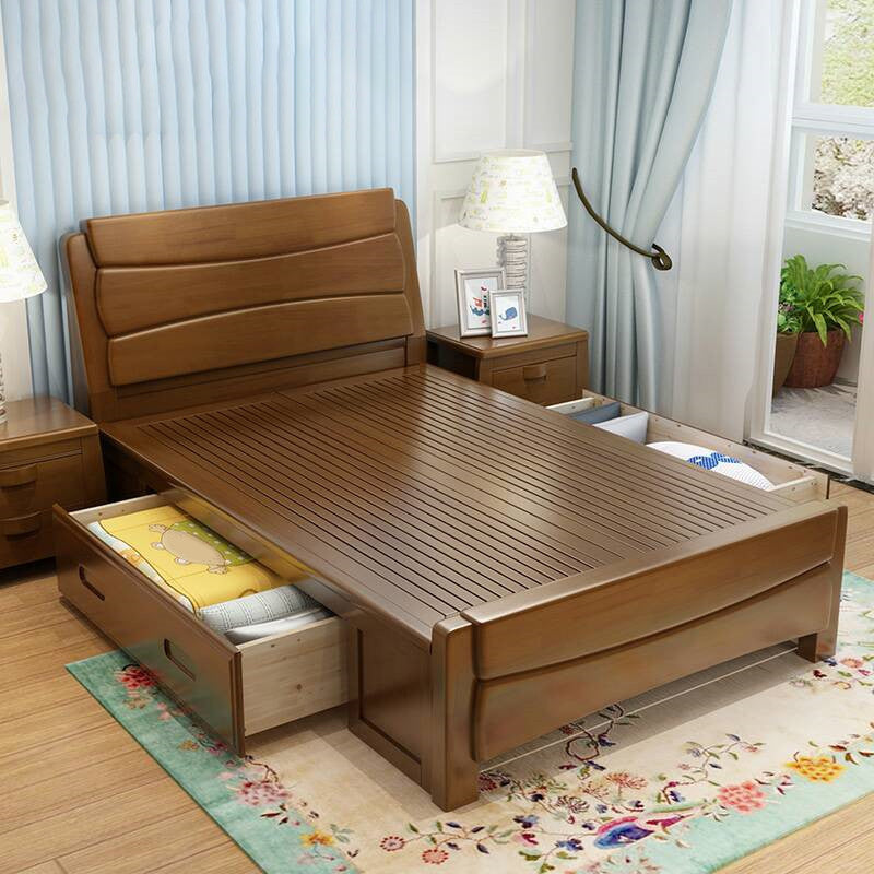 84.65 inch Wide Traditional Bed Frame Rubberwood Standard Bed with Headboard