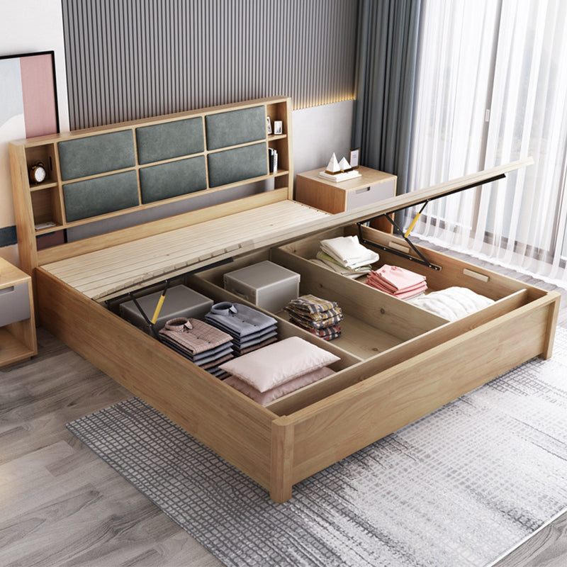 84.65 inch Wide Contemporary Bed Frame Rubberwood Bed with Storage