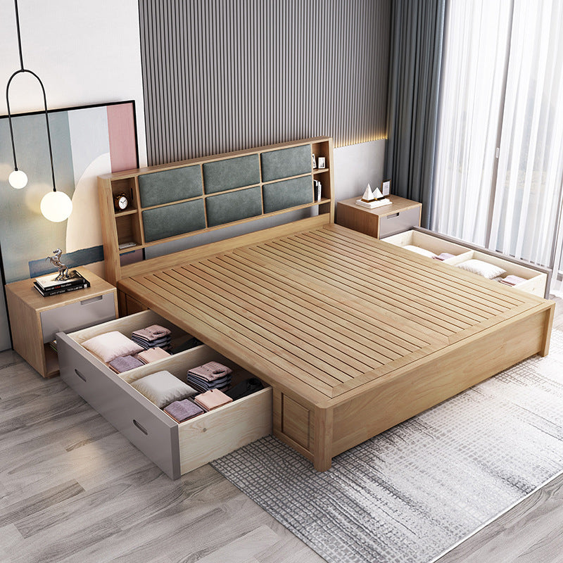 84.65 inch Wide Contemporary Bed Frame Rubberwood Bed with Storage