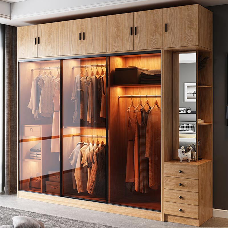 Brown Contemporary Wardrobe Cabinet Engineered Wood and Glass Wardrobe Closet