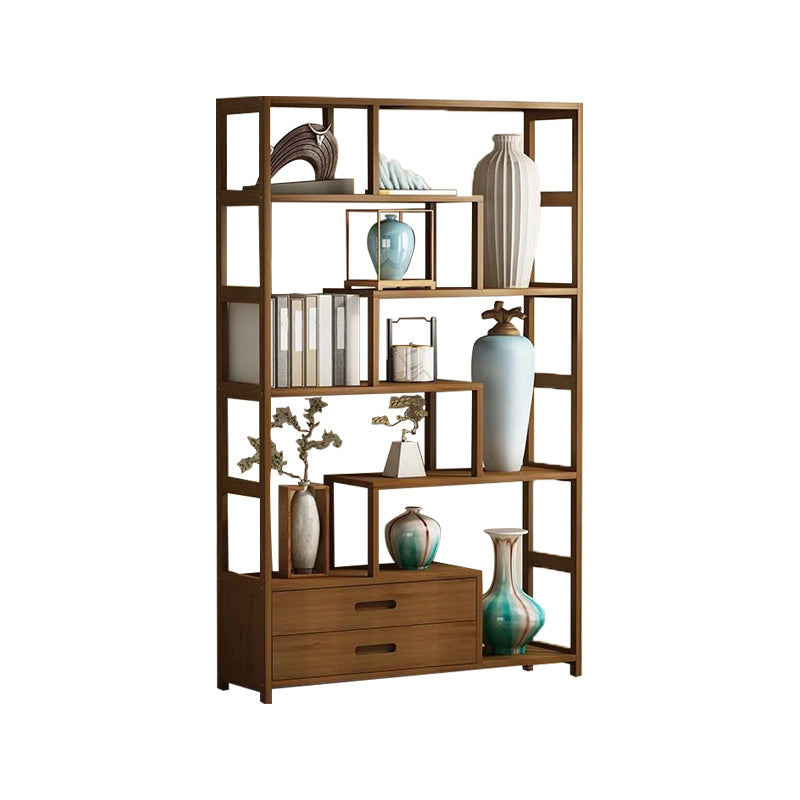 Contemporary Brown Etagere Book Shelf Open Vertical Bookshelf with Drawers