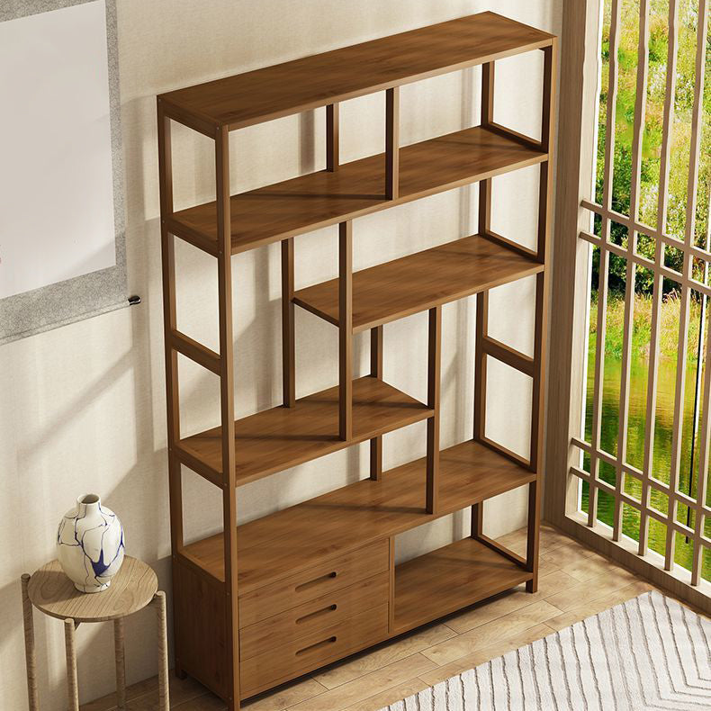 Contemporary Brown Etagere Book Shelf Open Vertical Bookshelf with Drawers