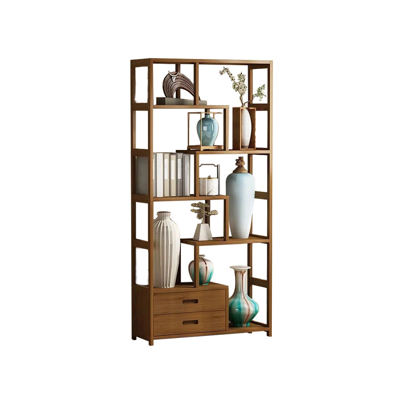 Contemporary Brown Etagere Book Shelf Open Vertical Bookshelf with Drawers