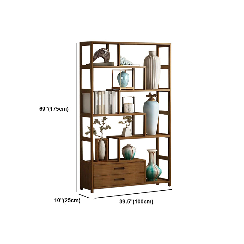 Contemporary Brown Etagere Book Shelf Open Vertical Bookshelf with Drawers