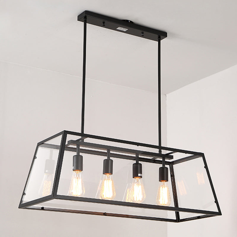 Industrial Black Island Light Metal 4 Lights Island Pendant with Glass for Dining Room