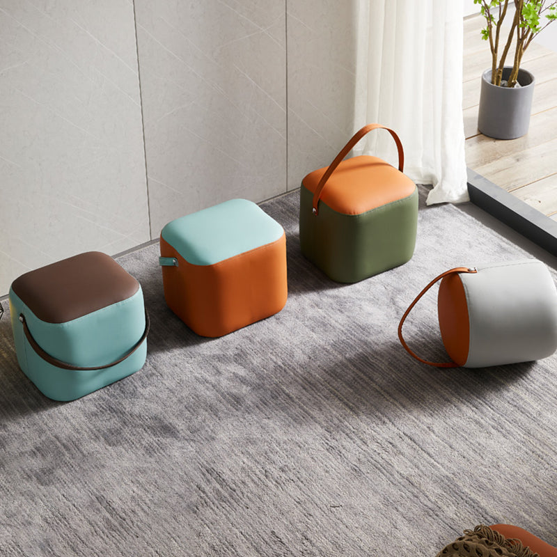 Creative Round Footstool Ottoman Patchwork Color Block Leather Ottoman