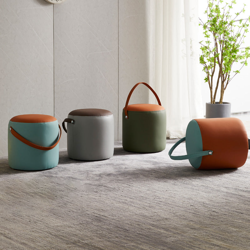 Creative Round Footstool Ottoman Patchwork Color Block Leather Ottoman