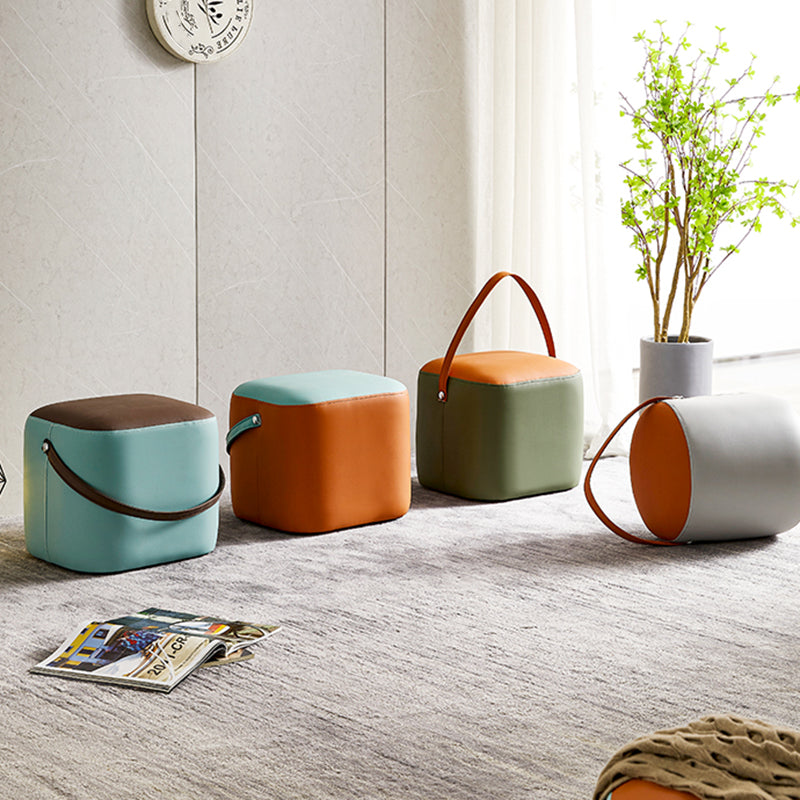 Creative Round Footstool Ottoman Patchwork Color Block Leather Ottoman