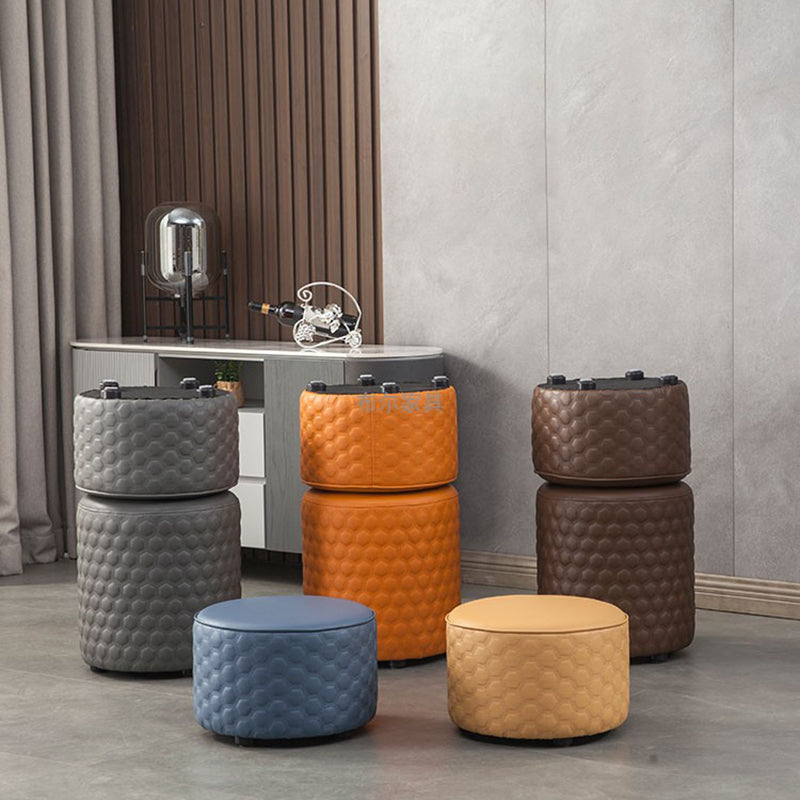 Stylish PU Ottoman Solid Color Water Resistant Round Footstool Ottoman