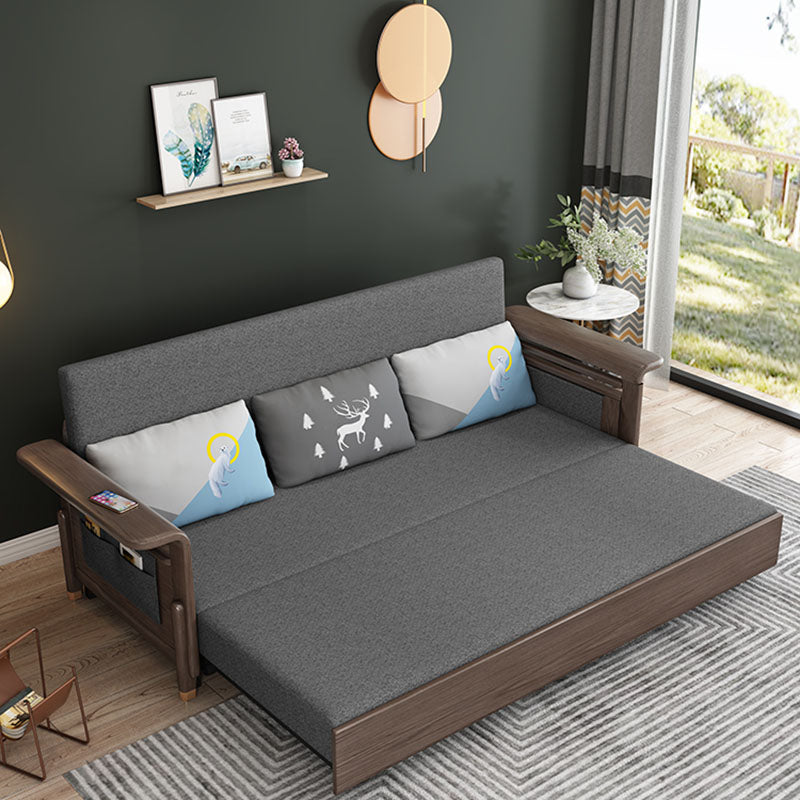 Fabric Sofa Bed with 3 Pillows Solid Wood Sofa in Walnut Finish