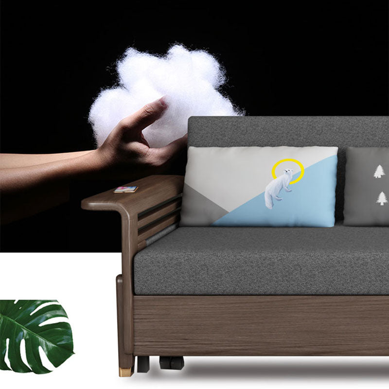 Fabric Sofa Bed with 3 Pillows Solid Wood Sofa in Walnut Finish
