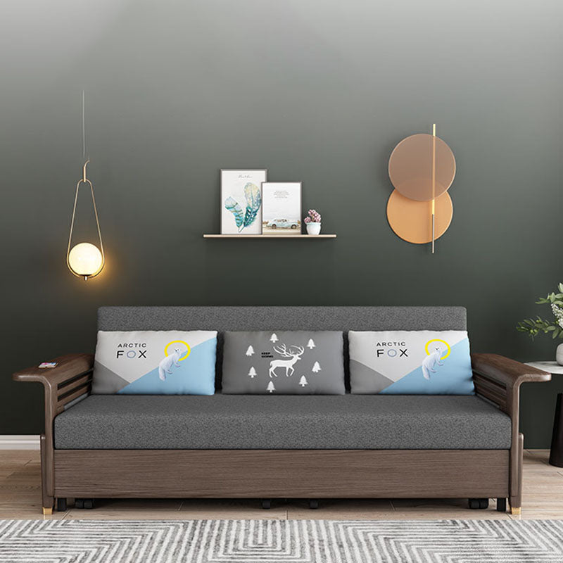 Fabric Sofa Bed with 3 Pillows Solid Wood Sofa in Walnut Finish